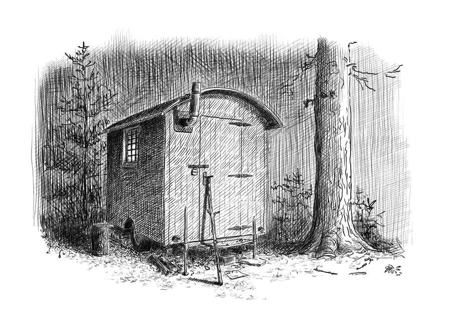 Federzeichnung eines alten Bauwagens im Wald