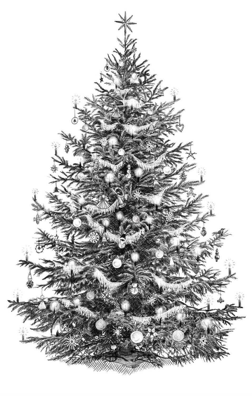 Bleistiftzeichnung eines reich geschmückten Weihnachtsbaums mit Kerzen, Kugeln und einem Stern an der Spitze